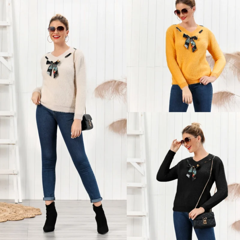 

New Lace-up Bow Solid Sweater Slim V-neck Long Sleeve Women Tops Bottoming Knit Pullover Autumn Winter New