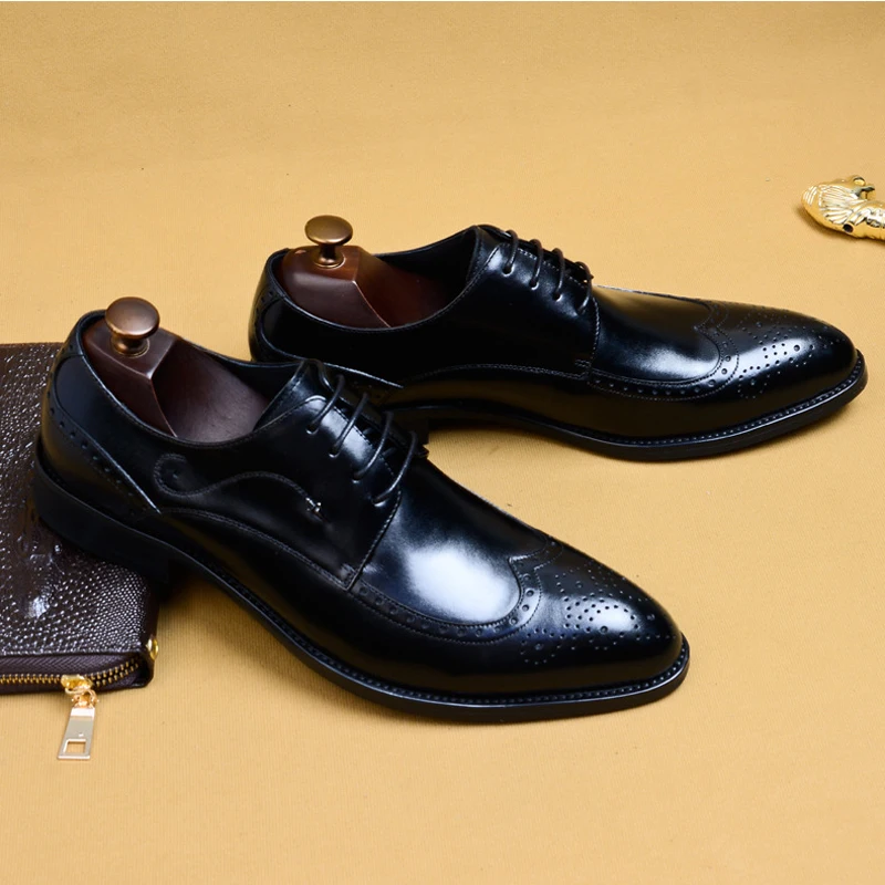 Туфли-Броги мужские из натуральной кожи дышащие туфли без каблука с круглым