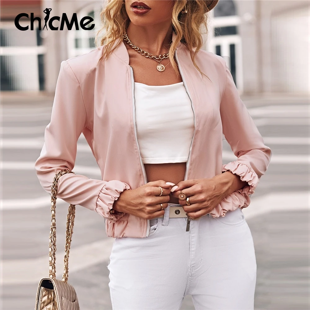 

Chicme Long Sleeve Zip Front Casual Bomber Pink Jackets For Women 2021 Long Sleeve Coat Women Clothing Fall Fashion Streetwear