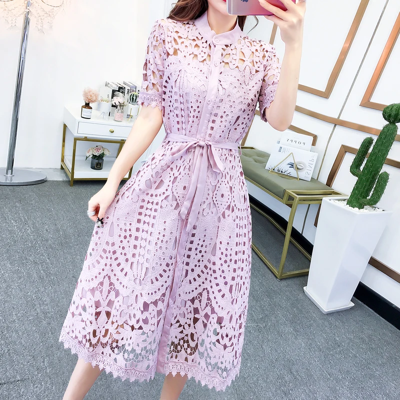 

2021 New Spring / Summer Runway Women's Clothings Pleated Stand Collar Short Sleeve Single Breasted Polka Dot Lace Dress
