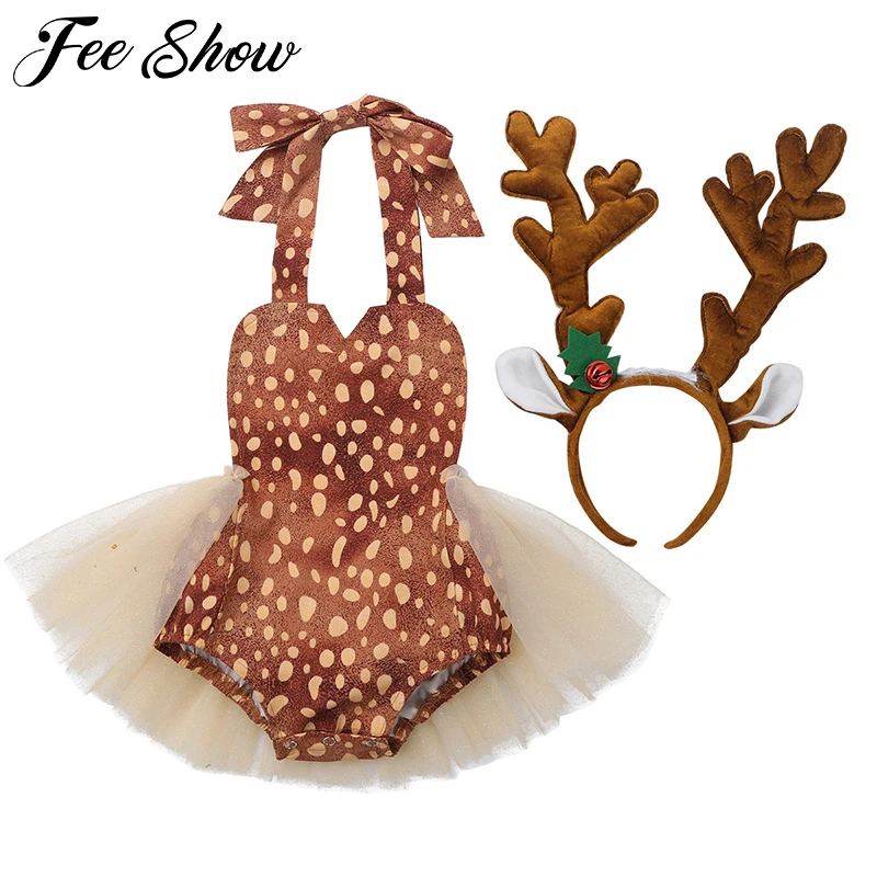 

Infant Baby Girls Xmas Elk Costume Rompers Sleeveless Dot Print Backless Tulle Romper Dress for Halloween Cosplay Party Dress Up