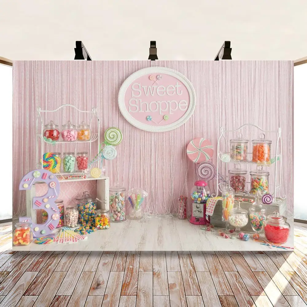 

Pink Princess Backdrops Candy Bar Lollipops Cake Donut Sweet Shop Booth Baby Birthday Party Photographic Backgrounds Photocall