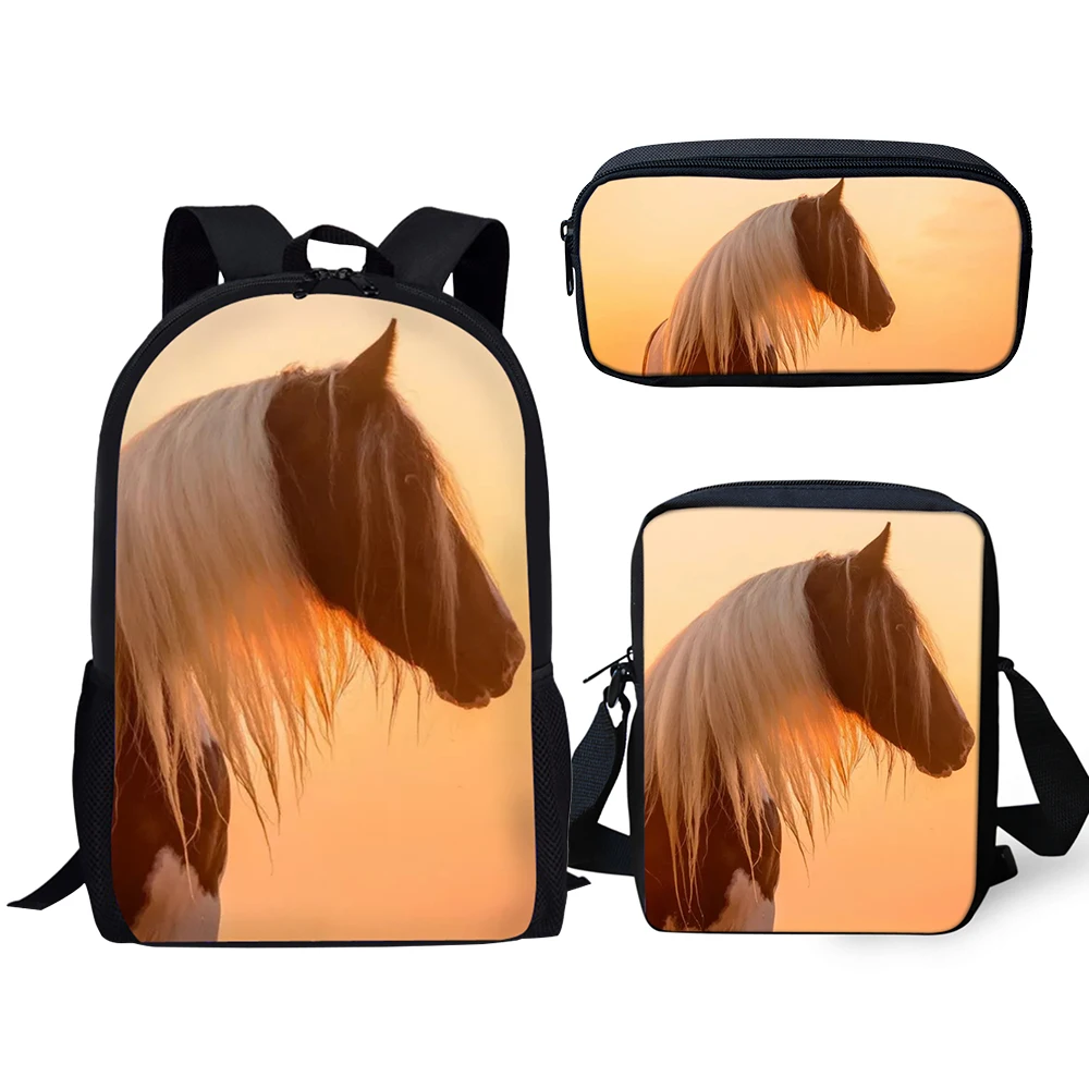 HaoYun Fashion 3PCs Set Backpacks Cute Horse Pattern Kids School Book Bags Set Cartoon Students Backpack/Flaps Bags/Pen Bags
