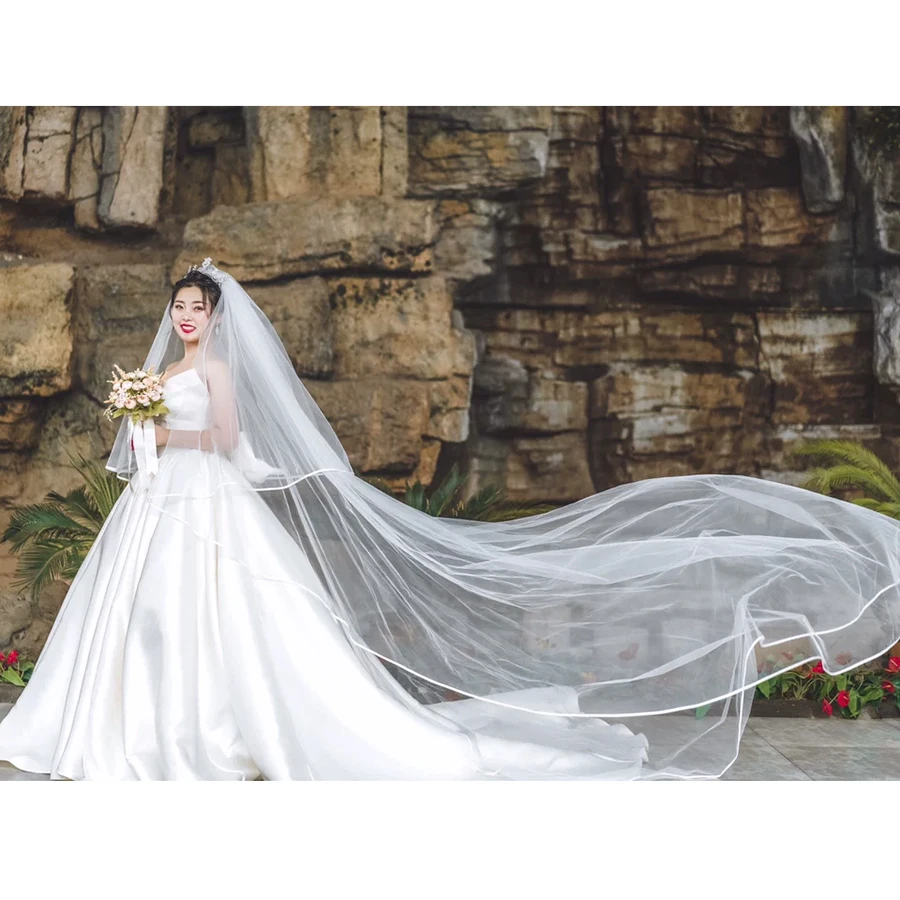 wedding cathedral veils two layers long hard Tulle lvory with ribbon edge bridal face veil Wedding dress accessories comb | Свадьбы и
