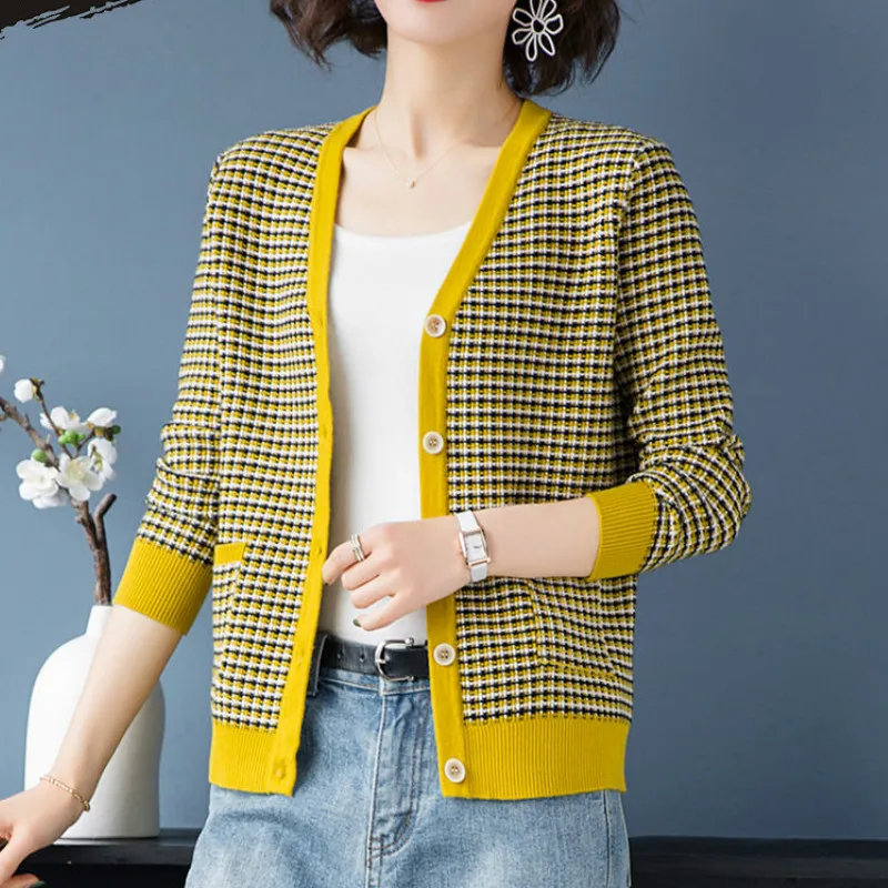 Женский вязаный кардиган в клетку повседневный свободный трикотажный свитер с