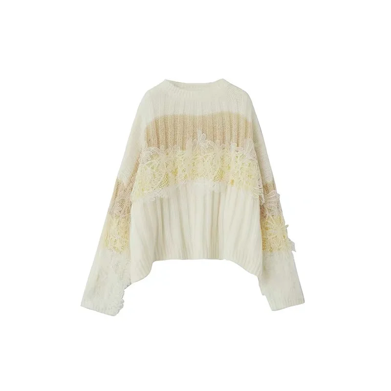 

Sweater Female 2021 Autumn New Style Literary Retro Lace Stitching Loose Pullover Round Neck Warm Fashion Knitted Tops T410