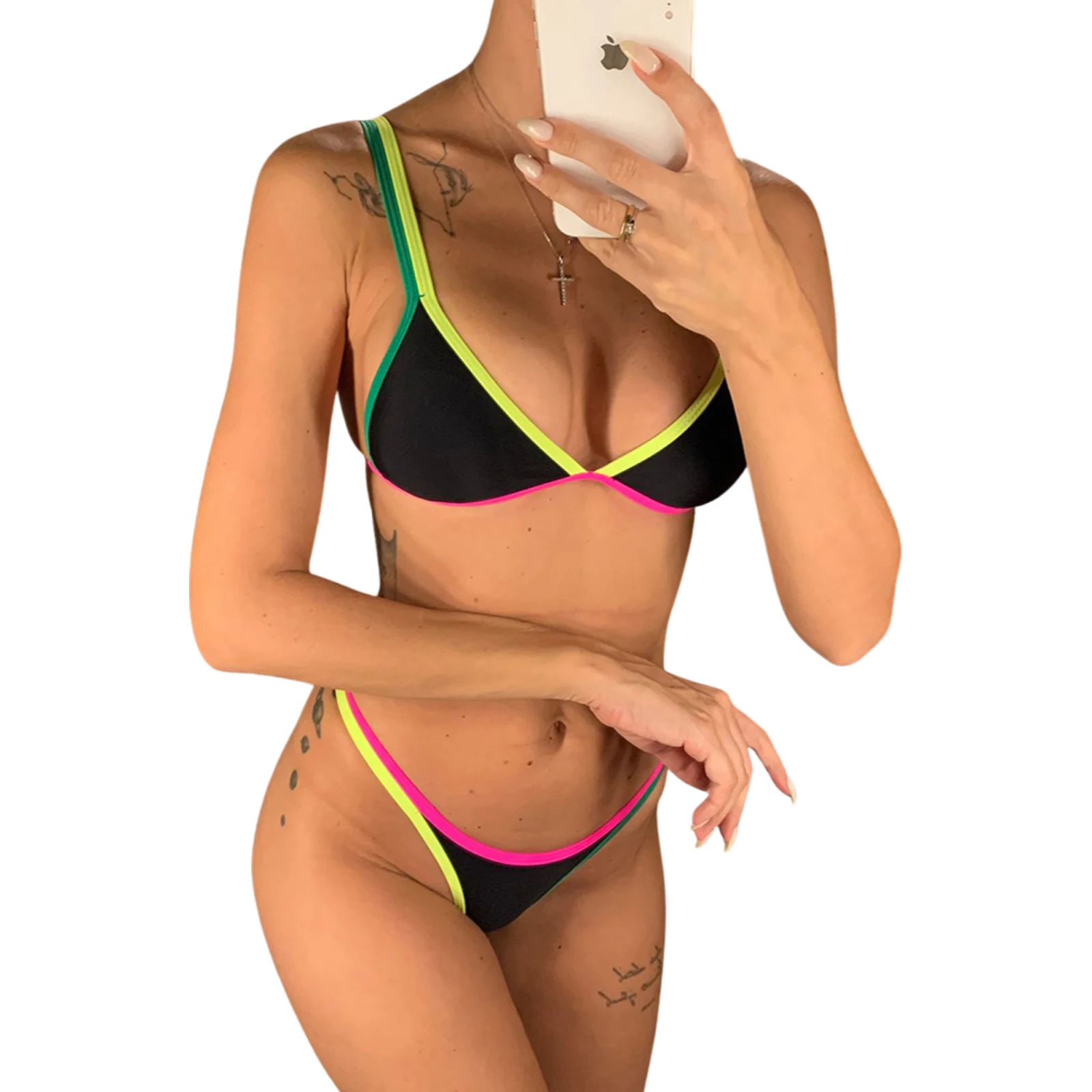 

Women's Sexy Contrast Color Swimwear, Sleeveless Tops Briefs Swimsuit, Classic Hollow Bare Midriff Two-pieces Set