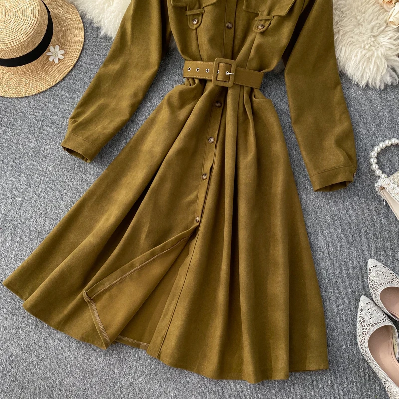 ALPHALMODA, модное женское платье, Осень-зима, французское ретро платье средней длины с поясом, сплошная шикарная одежда
