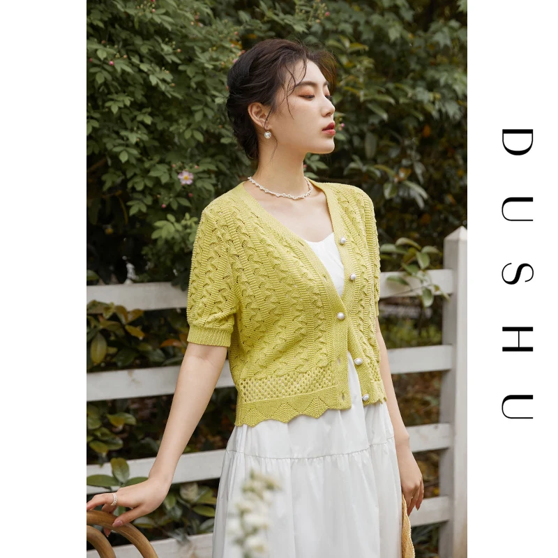 

DUSHU Plus Size Yellow Green V-neck Button Knit Sweater Thin 2021 Summer New Sunscreen Cardigan Simple Casual Jacket For Women