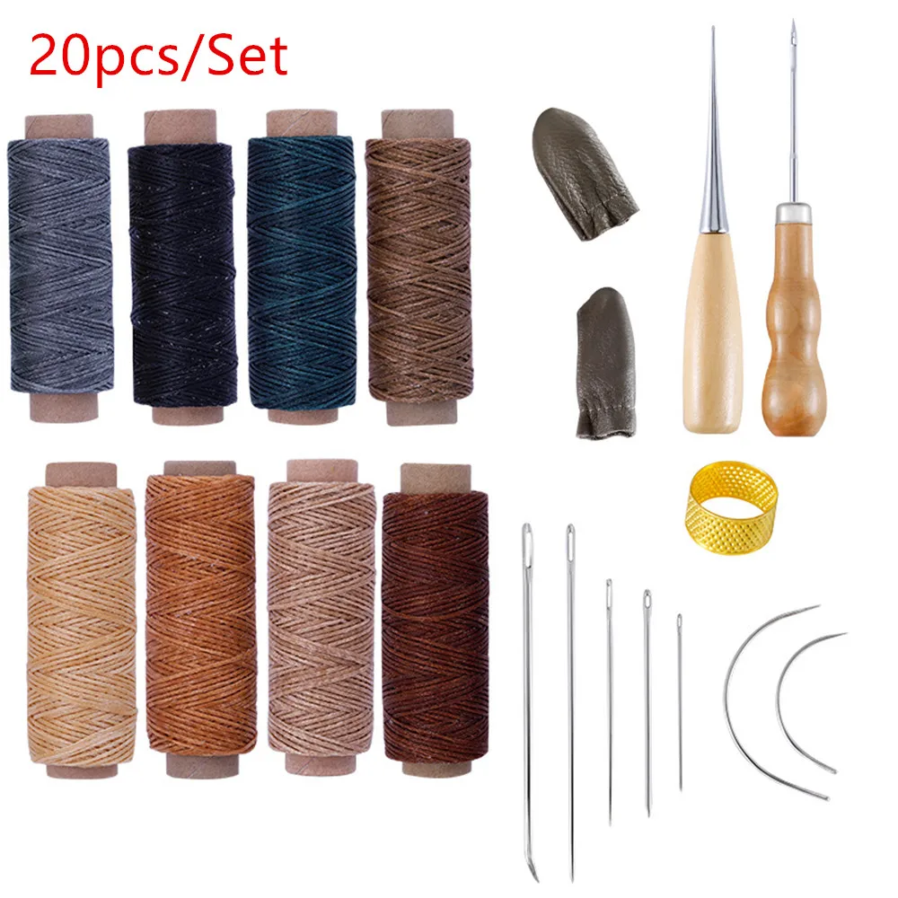D 20pcs Set Набор инструментов для шитья кожи, набор инструментов для рукоделия, инструменты для рукоделия, ручная строчка, инструмент для шитья, нитевой Шило, наперсток, набор - Цвет: D 20pcs Set