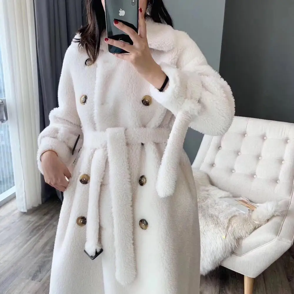 

faux plus size winter women teddy fluffy coat 2020 fashion 30% real sheep fur long woolen jacket