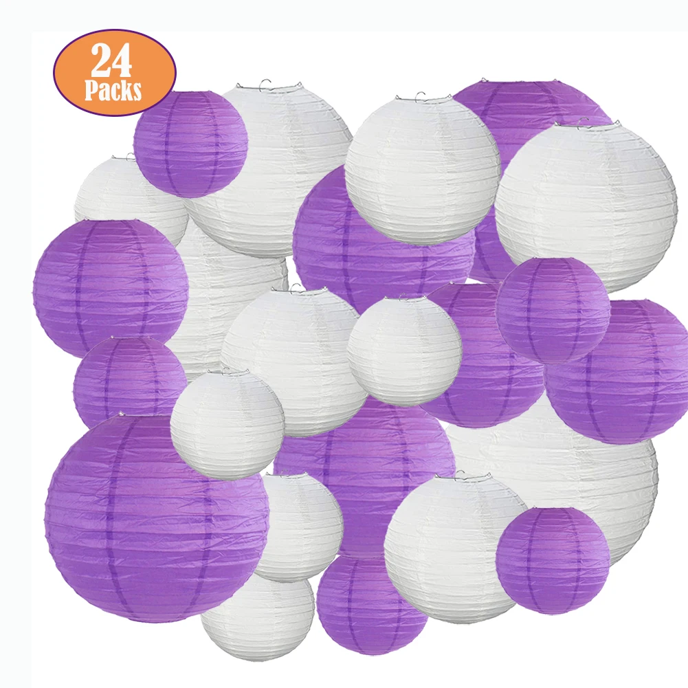 

24 Pcs/set White Purple Chinese Paper Lantern Assorted Sizes papier lampion for Wedding Outdoor Parties Hanging Decoration