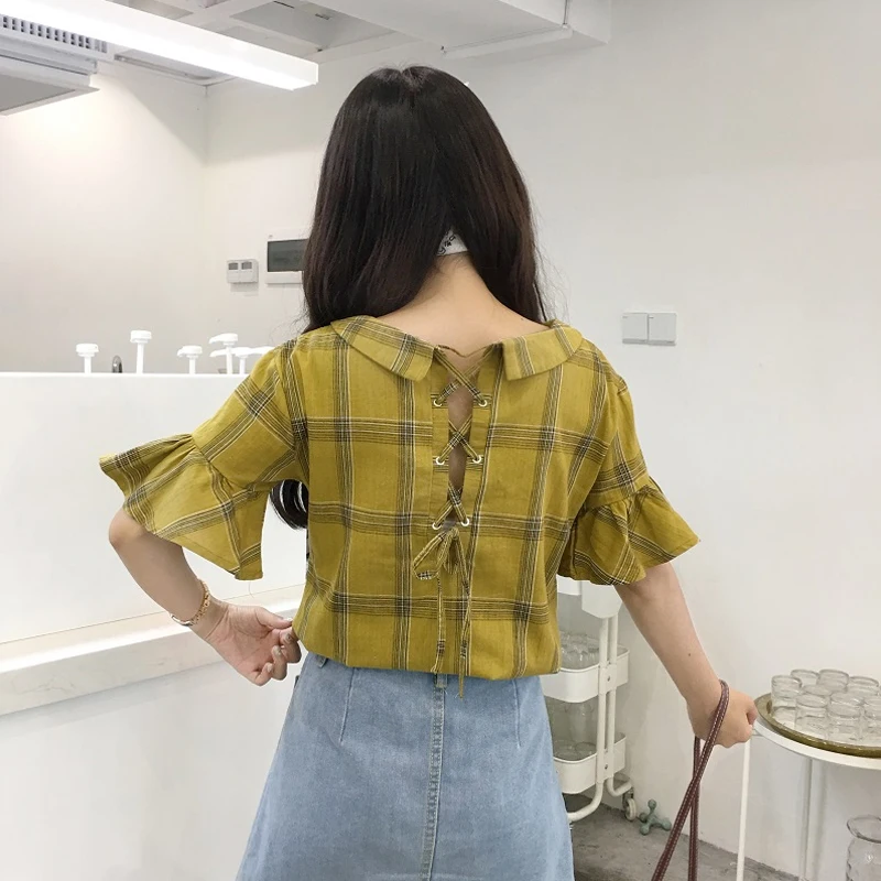 Модная новинка женская блузка рубашка с отложным воротником короткий рукав в