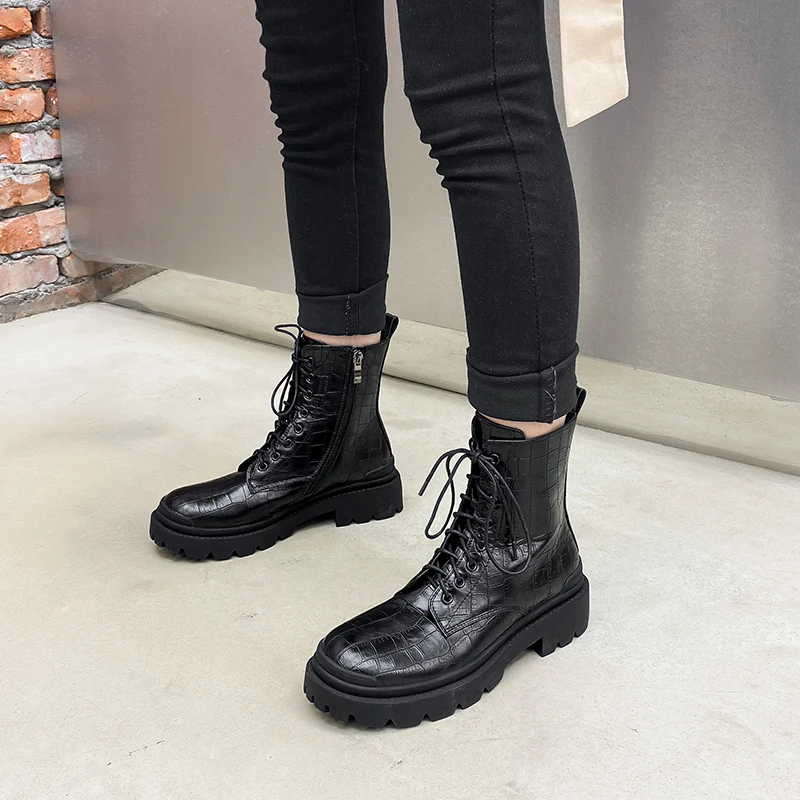 

Женские ботинки на молнии Osunlina, красные ботинки из натуральной кожи на плоской подошве, с круглым носком, на шнуровке, удобная рабочая обувь,...