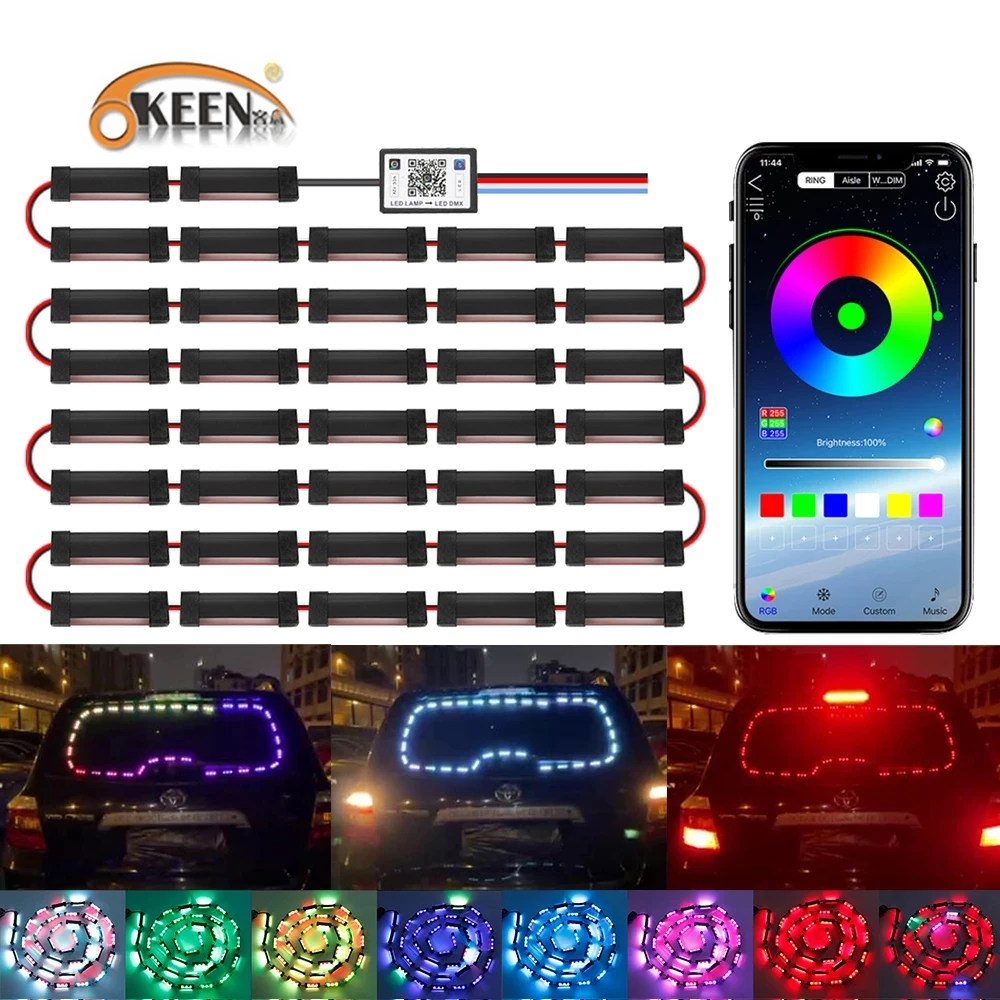 OKEEN 3M RGB Equalizer Music Light Rear Windshield Led Strip Decorative Atmosphere Lights Auto Warning Brake Lamp APP Control