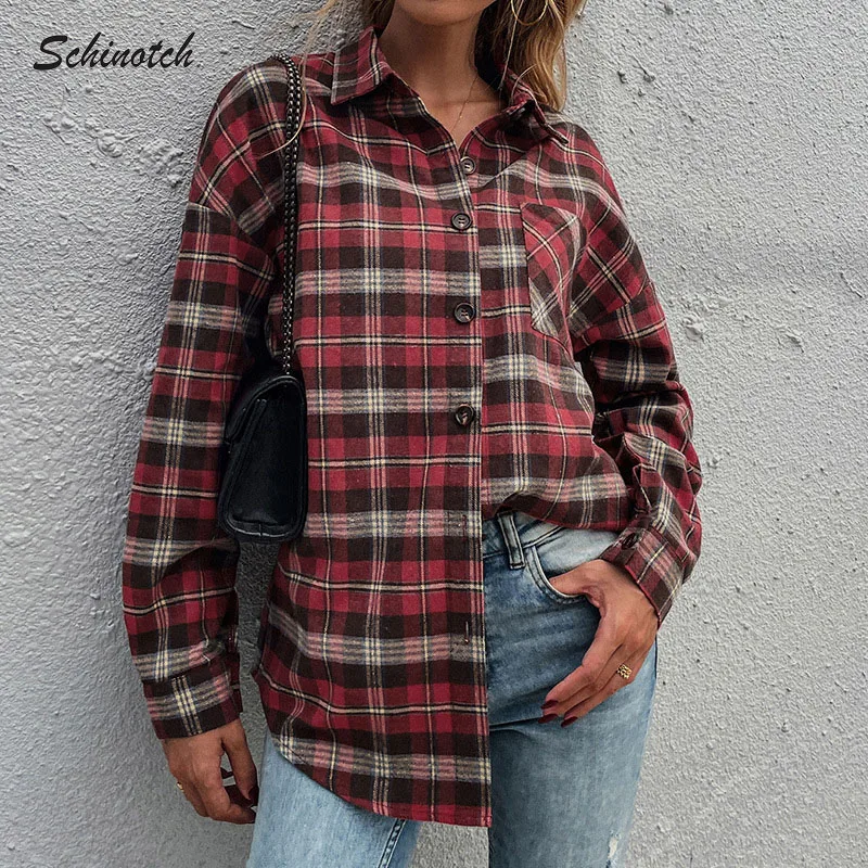 

Schinotch Women Casual Shirt Red Plaid Long Sleeve Blouse Button Up Lapel Collar Tops Shirts Autumn Female Clothes