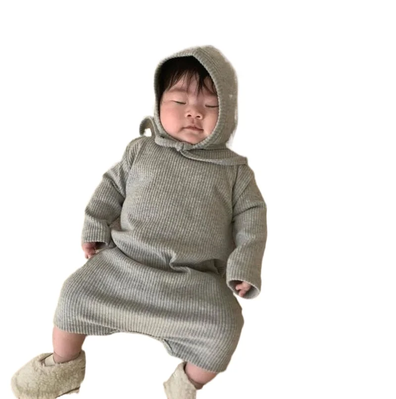 

Spring and Autumn 2020 Boys and Girls One Piece Loose Rompers Toddler Long Sleeve Solid Color with Hat Little Baby Knit Jumpsuit
