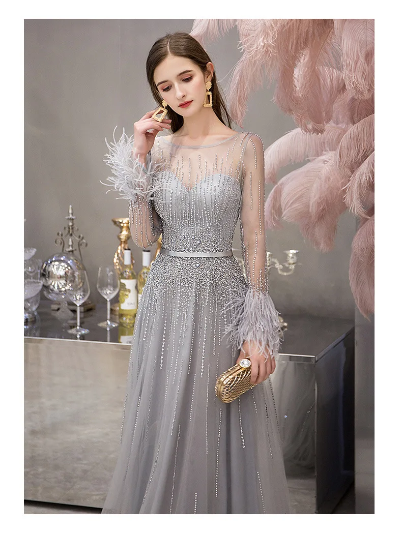 Вечернее платье с длинными рукавами тонкий кристалл бисером серый длинный