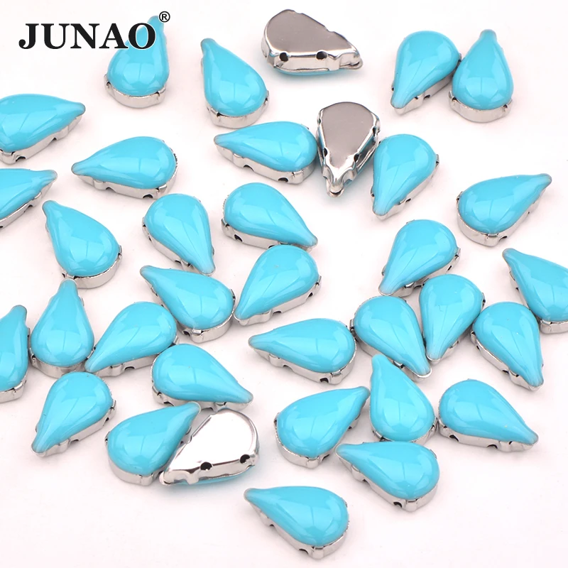 JUNAO 100 шт 8*13 мм Aqua Blue Стразы для шитья в виде капель с серебряными кристаллами