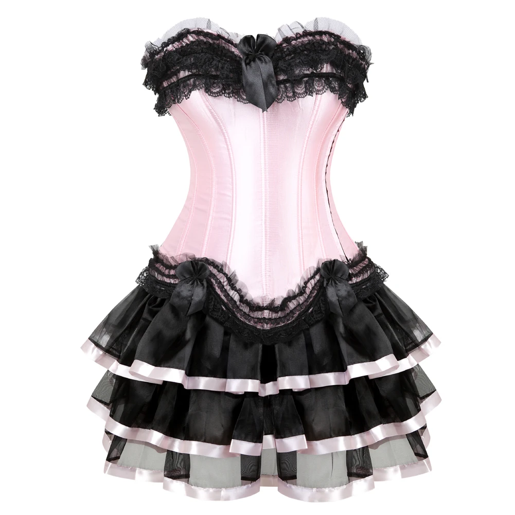 

Showgirls Lace Trim Pink Corsets Dress Sexy Burlesque Corset with Mini Tutu Skirt Dancing Costume Victorian Corselet Plus Size