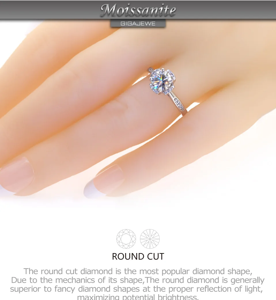 GIGAJEWE Moissanite кольцо 1.2ct VVS1 круглой огранки F цвет Лаборатория алмаз 925 серебряные ювелирные изделия символ любви женщина подружка Ухаживание подарок