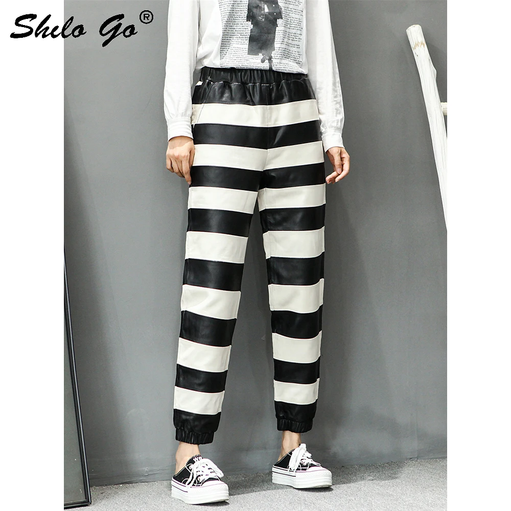 

High Waist Multicolor Allover Pants Womens Winter Elastic Waist Genuine Leather Straight Pants Cut-and-Sew Sheepskin Trousers