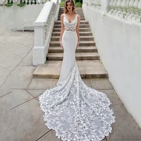 uzn elegant ivory mermaid lace appliques satin wedding gowns tank v neck sleeveless bridal gown sexy backless wedding dress 2021