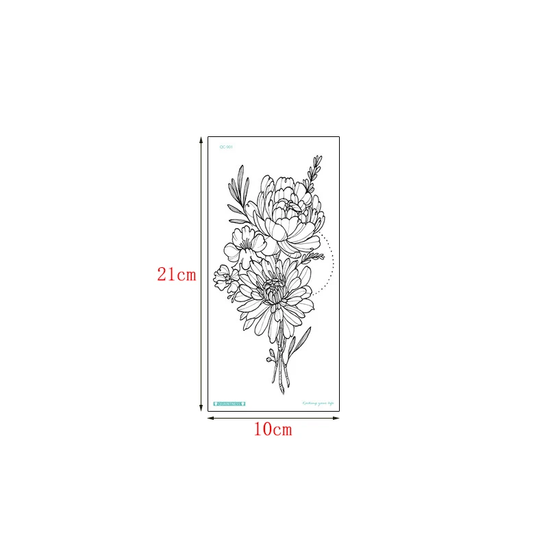 21x10 см Черно-белый цветок временная тату-наклейка искусственная красота пион