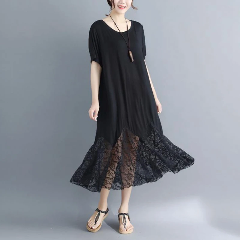Большая женская 300jin жира мм летнее платье с кружевным плетением и модала длинное