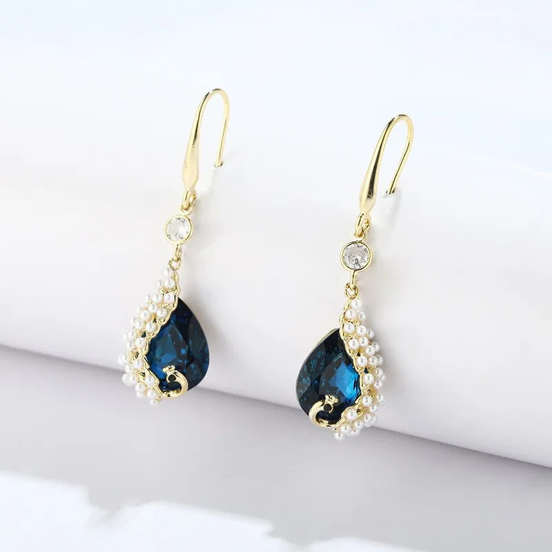 Женские серьги подвески с имитацией жемчуга и голубыми