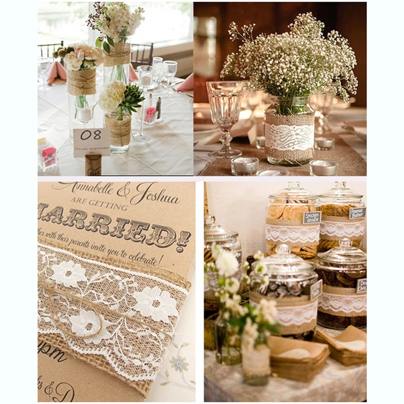 

1M Jute Burlap Rolls Natural Hessian Ribbon With Lace Rustic Vintage Wedding Decor Party DIY Crafts Christmas Gift Packaging