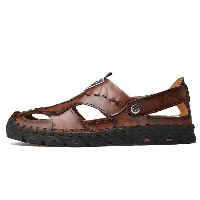Ankle-Wrap 2020 Genuine Leather Casual British Style Men's Sandals Comfortable Fashion Walking Shoes Big size Brown Black Flat F | Обувь