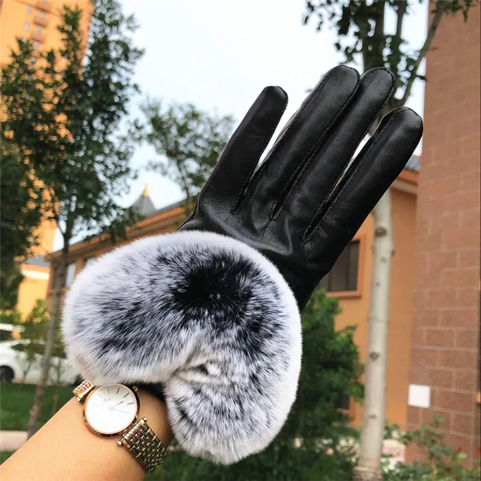 Женские зимние перчатки U-образные кожаные с мехом кролика Рекс короткие из