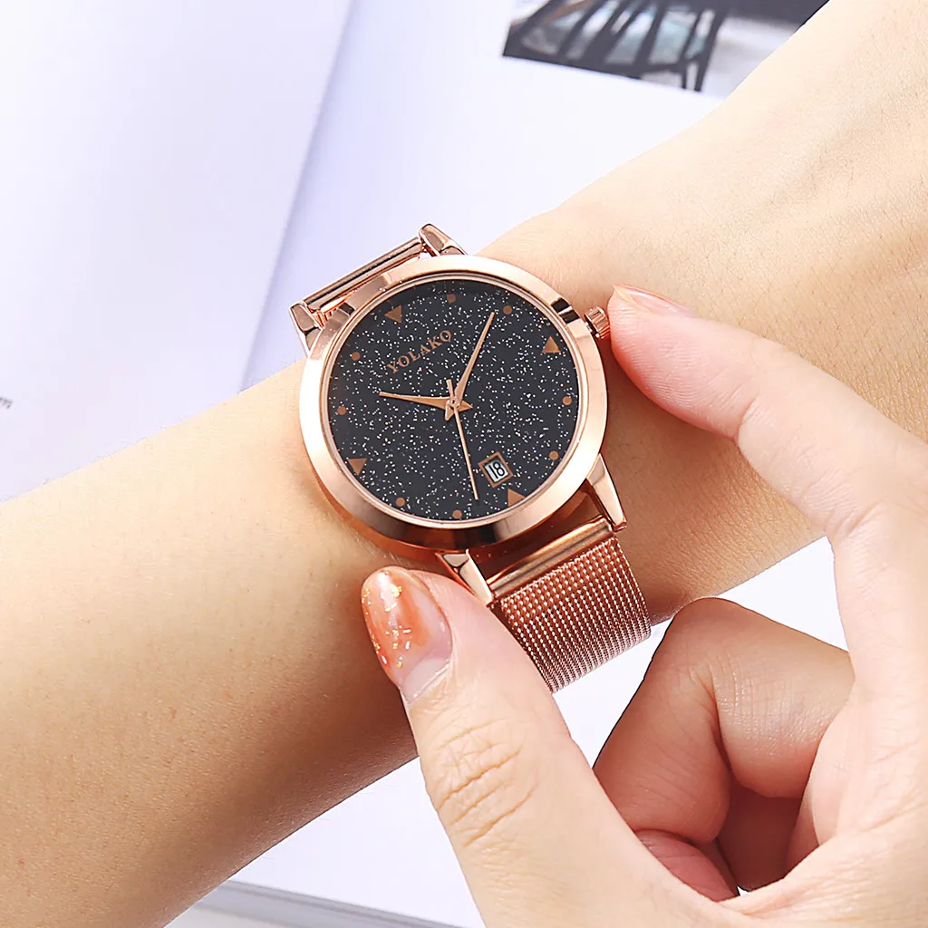 

2021 NEW Watchs Sleek Minimalist Calendar Stainless Steel Mesh Belt Glass Surface exquisite Starlight Dial Ladies Quartz Watch