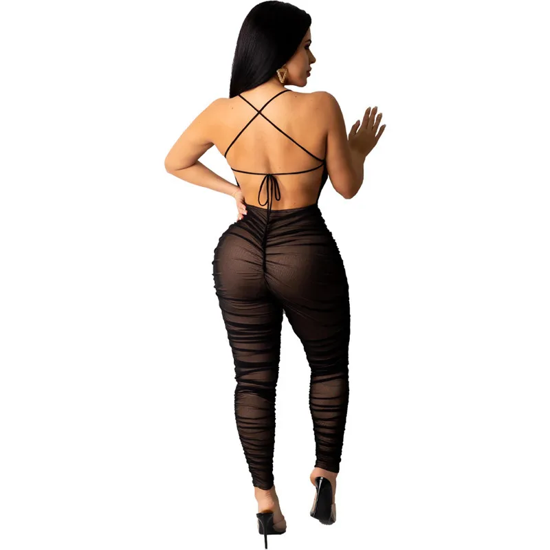 Sexy Cross Open Back Night Club Party Rompers Womens Jumpsuit Mesh Sheer Ruched Bodycon One Piece Jumpsuit Female Overalls Mono