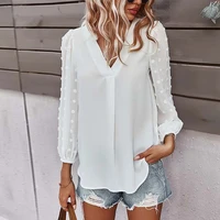 fashion simple pullover tops blusas 2022 office lady decorate pom pom long sleeve shirts women casual basic v neck solid blouses