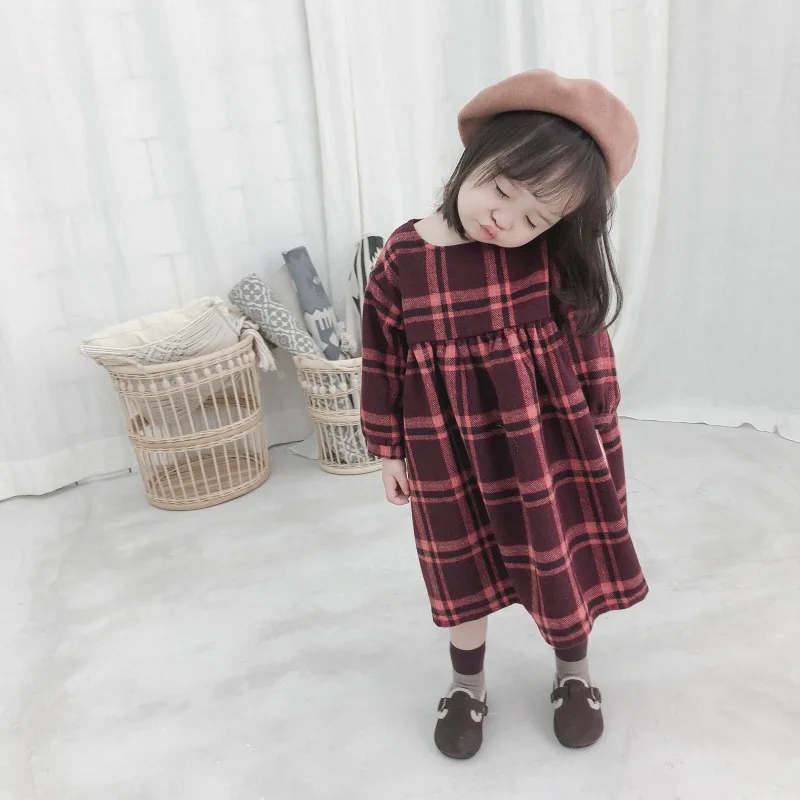 Autumn Winter cute girls fashion puff sleeve plaid long dresses baby kids wollen casual all-match princess dress | Детская одежда и