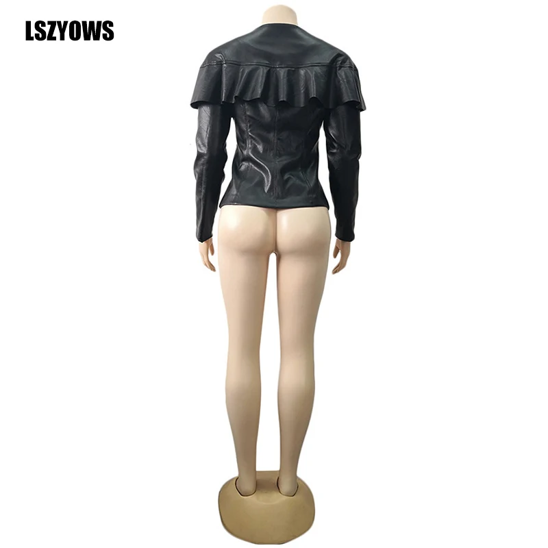 

Fashion Zipper Women Faux Leather Jacket Black Ruffle Long Sleeve Pu Jacket Casual Streetwear Basic Coat Autumn Female Outerwear
