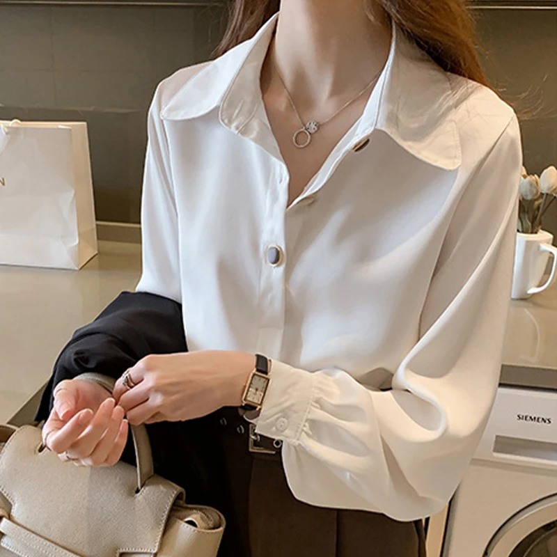 Женская атласная блузка элегантная Осенняя рубашка белого цвета с имитацией
