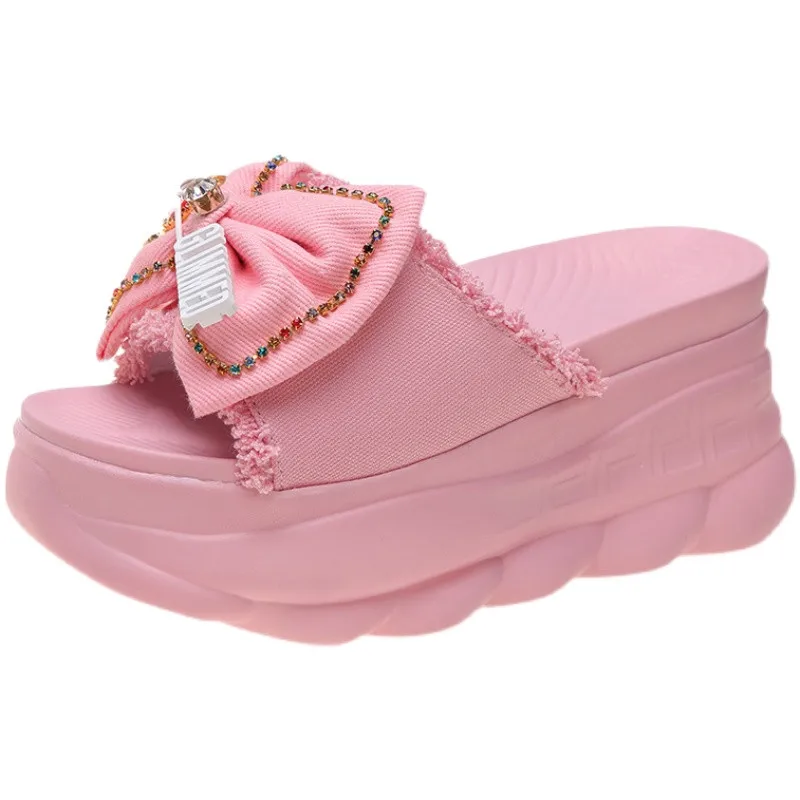 

Chunky Women's Platform Open Toe Sandals Fashion Summer Rhinestones Butterfly-knot Girl Beach Slippers 8.5cm Wedges Casual Shoes