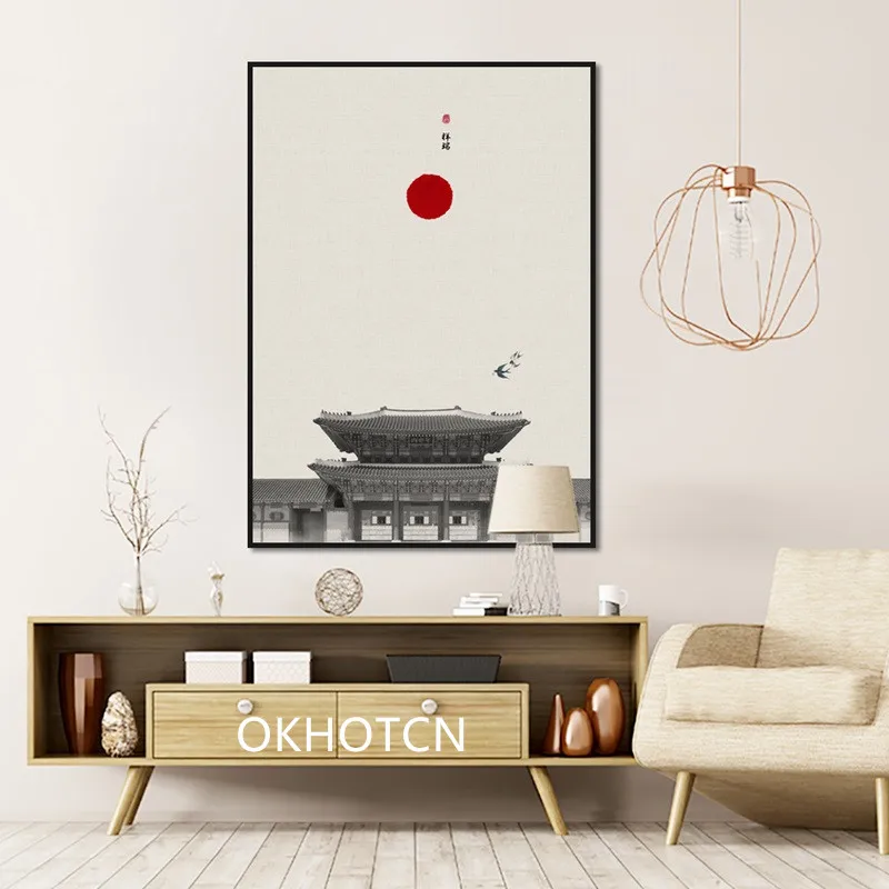 Китайская классическая архитектура Лотос красное солнце настенная Картина на