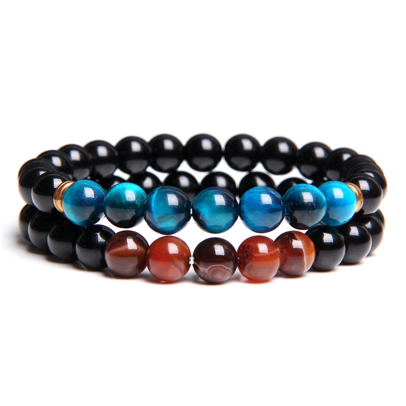 8 mm Gold Tiger Eye Stone Beads Bracelets For Women Friendship Bracelet Men Natural Energy Polished Black Onyx Bangle Jewelry | Украшения и