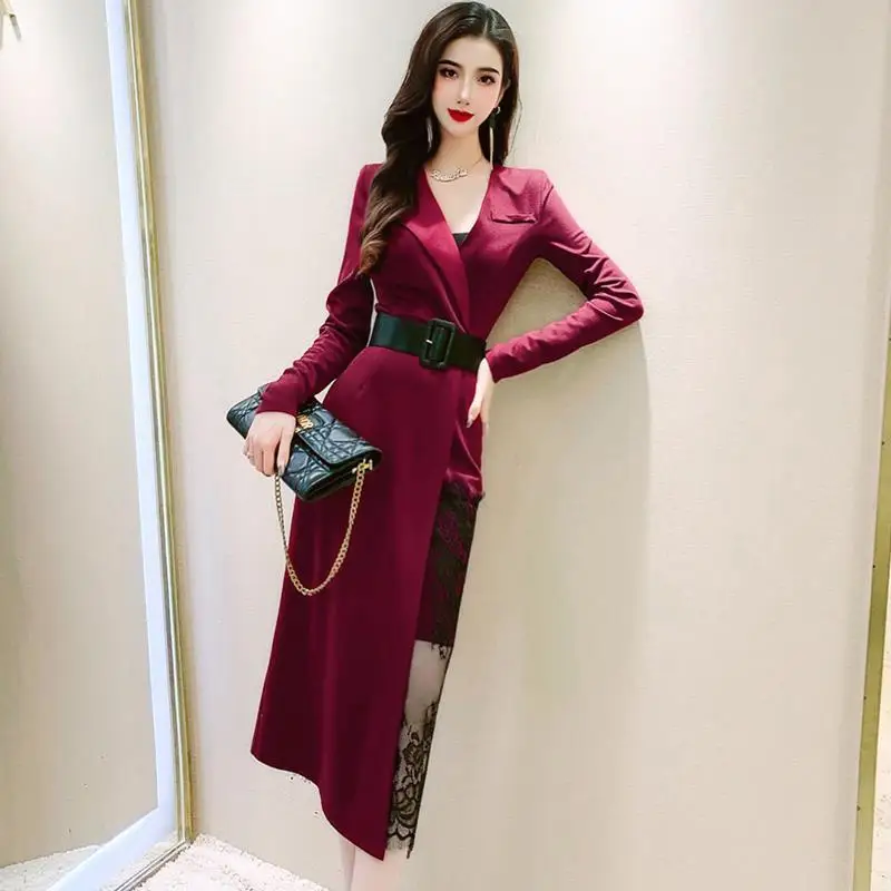 

Женское кружевное платье в стиле пэчворк, длинное облегающее платье с V-образным вырезом и поясом в стиле ретро, весна-осень 2021