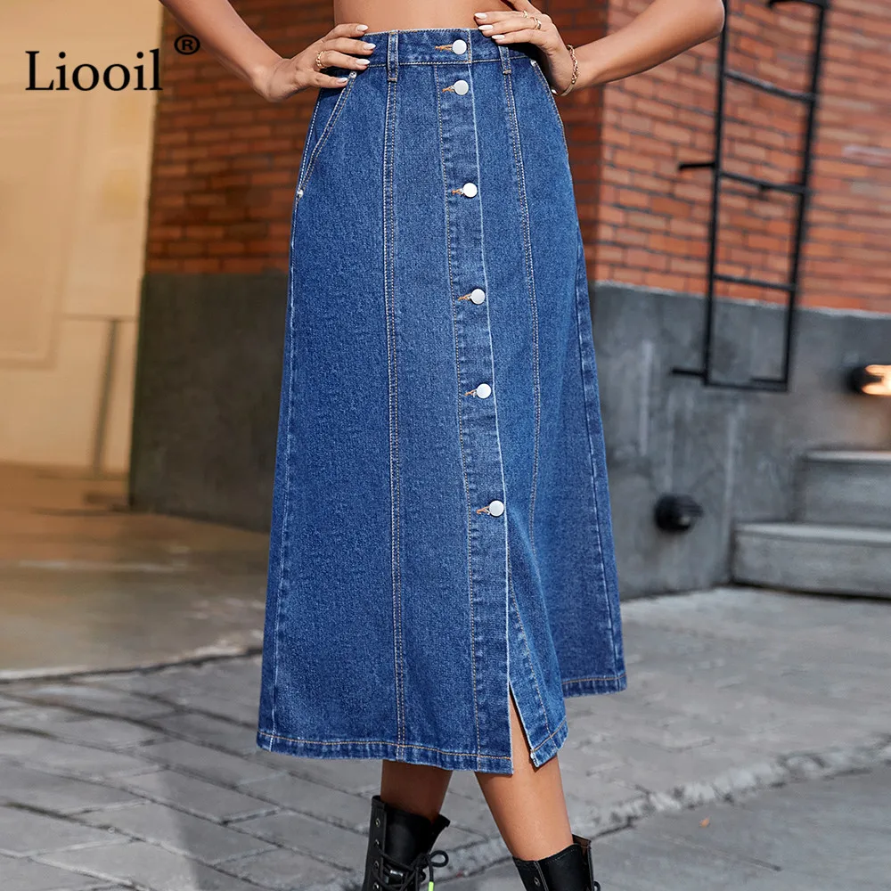 

Sexy Buttons High Waisted Bule Midi Skirt Long Denim Skirts for Woment Packet 2022 Spring Streetwear Casual Loose A Line Skirt