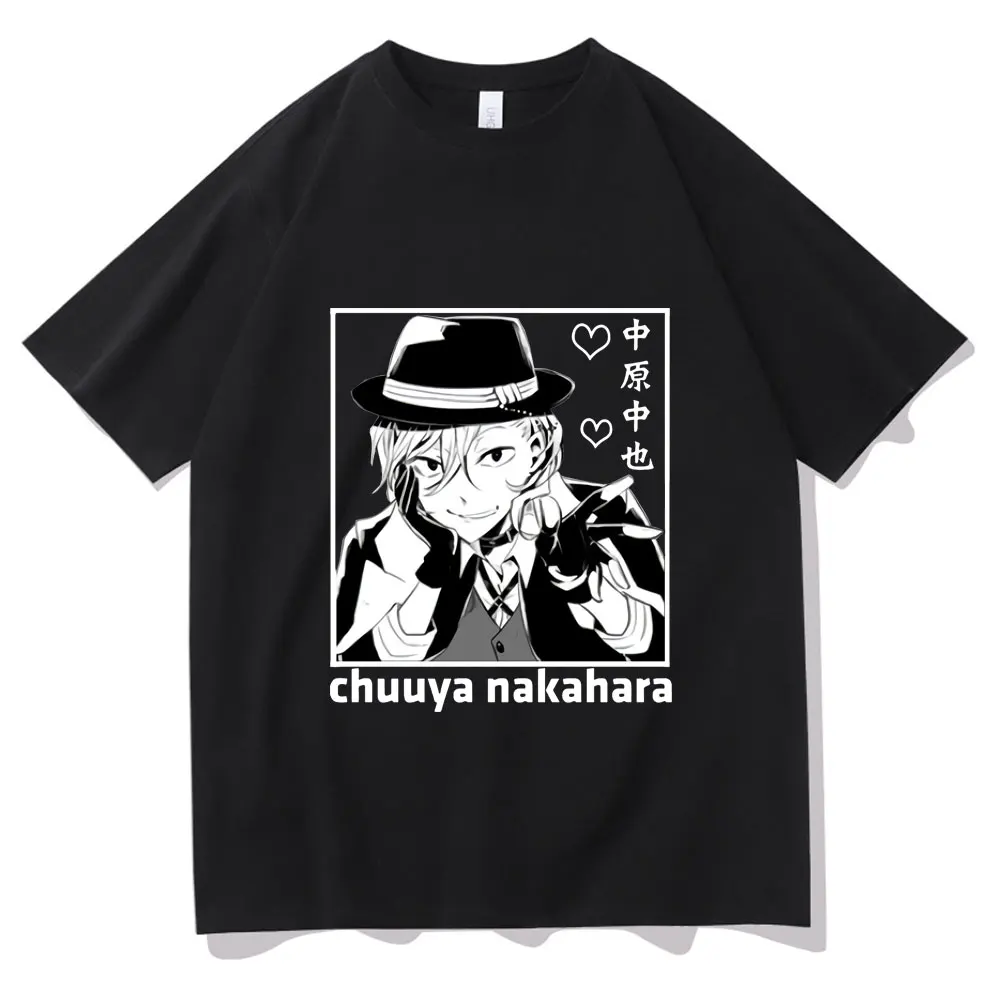 

Bungo Stray Dogs Men Women Fashion Oversized Black T-shirt Osamu Dazai Chuuya Nakahara Tshirt Short Sleeve Mens Loose Tee Tops