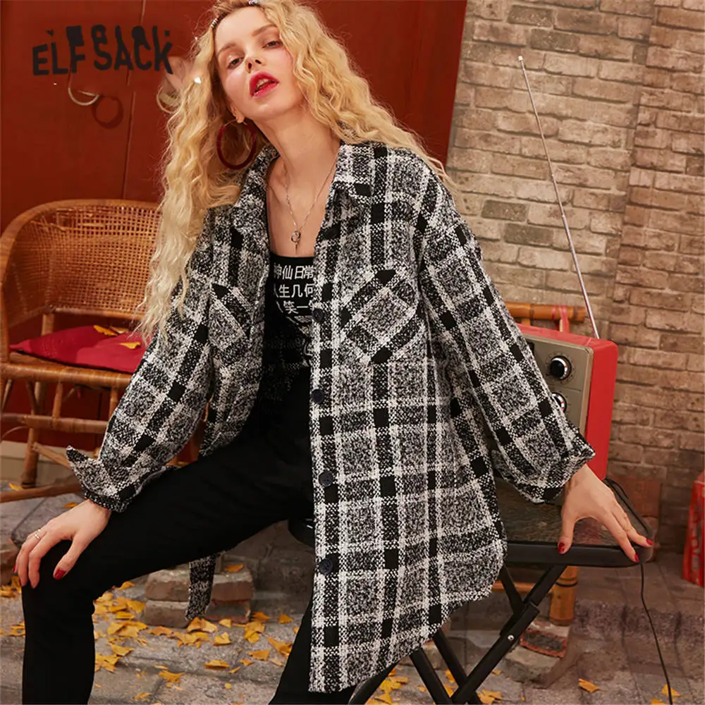 Женская клетчатая куртка ELFSACK черная Повседневная офисная на одной пуговице с