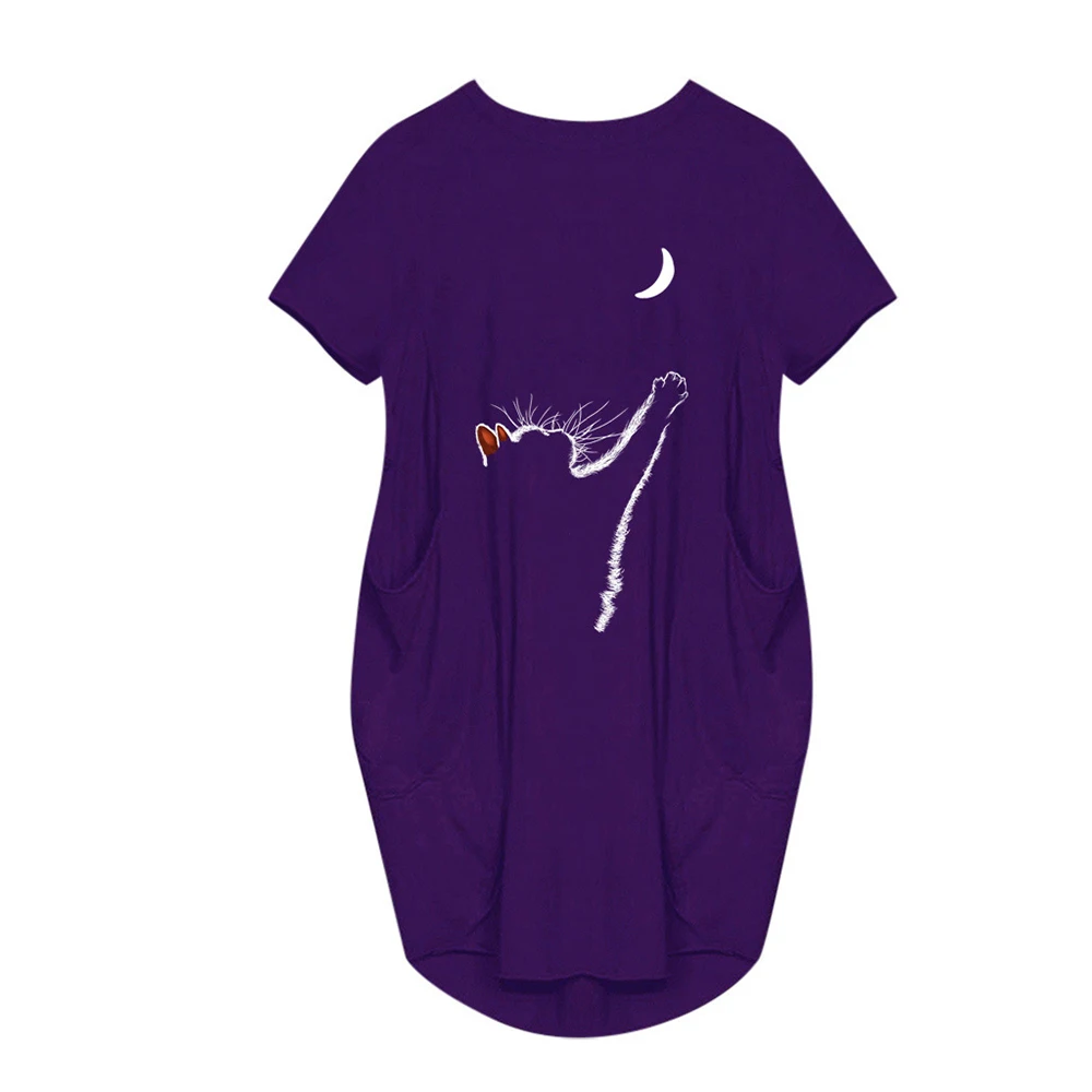 

Plus Size Women Dress Cute Cat Printed Short Sleeve Round Collar Shirt Vestido Ladies Baggy Causal Pullover Pocket Dress