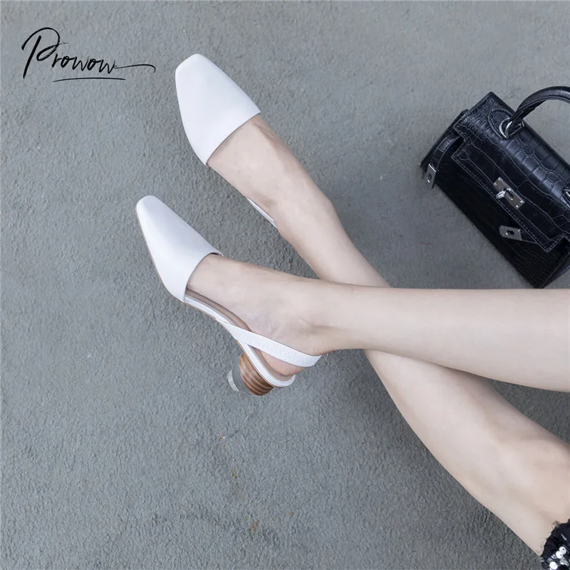 

Prowow Fashion White Genuine Leather Women Summer Sandals Square Toe Slip On Round Mid Heel Women Sandals Casual Shoes Woman