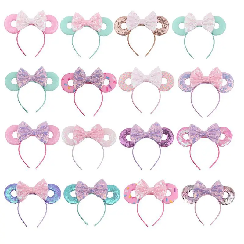 24 Style Hair Accessories Minnie Mouse Ear Headband Doughnut Bow For Girls Women Sequin Birthday Party Hairband | Тематическая