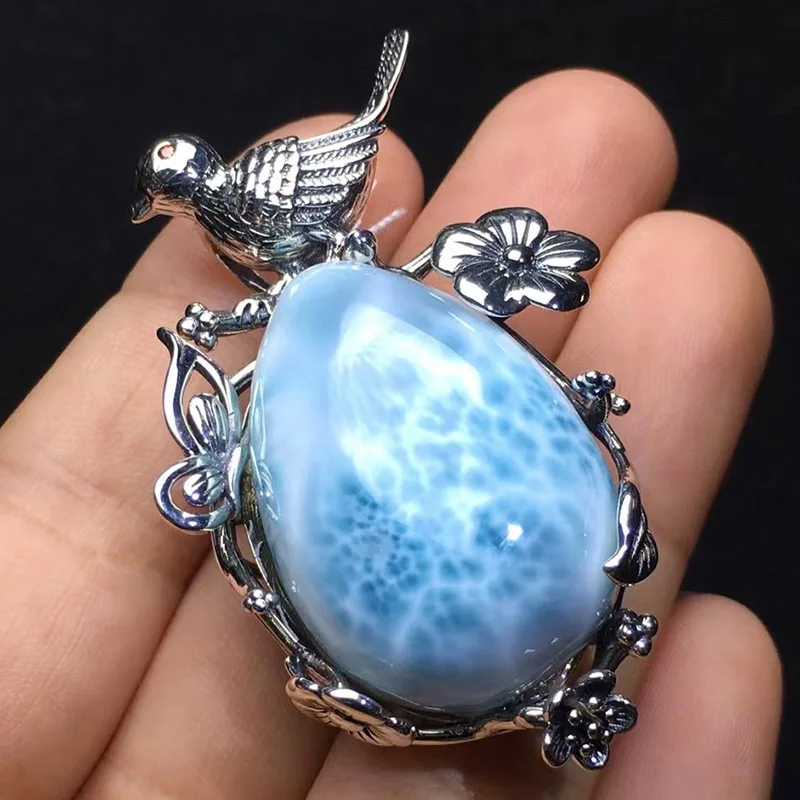 

925 Sterling Silver Top Quality Pear Cut 13*18mm Natural Dominica Larimar Bird Pendant Necklace For Gift